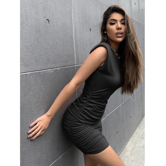 Shoulder Pad Black Ruched Casual Mini Dress - Picture 4 of 11
